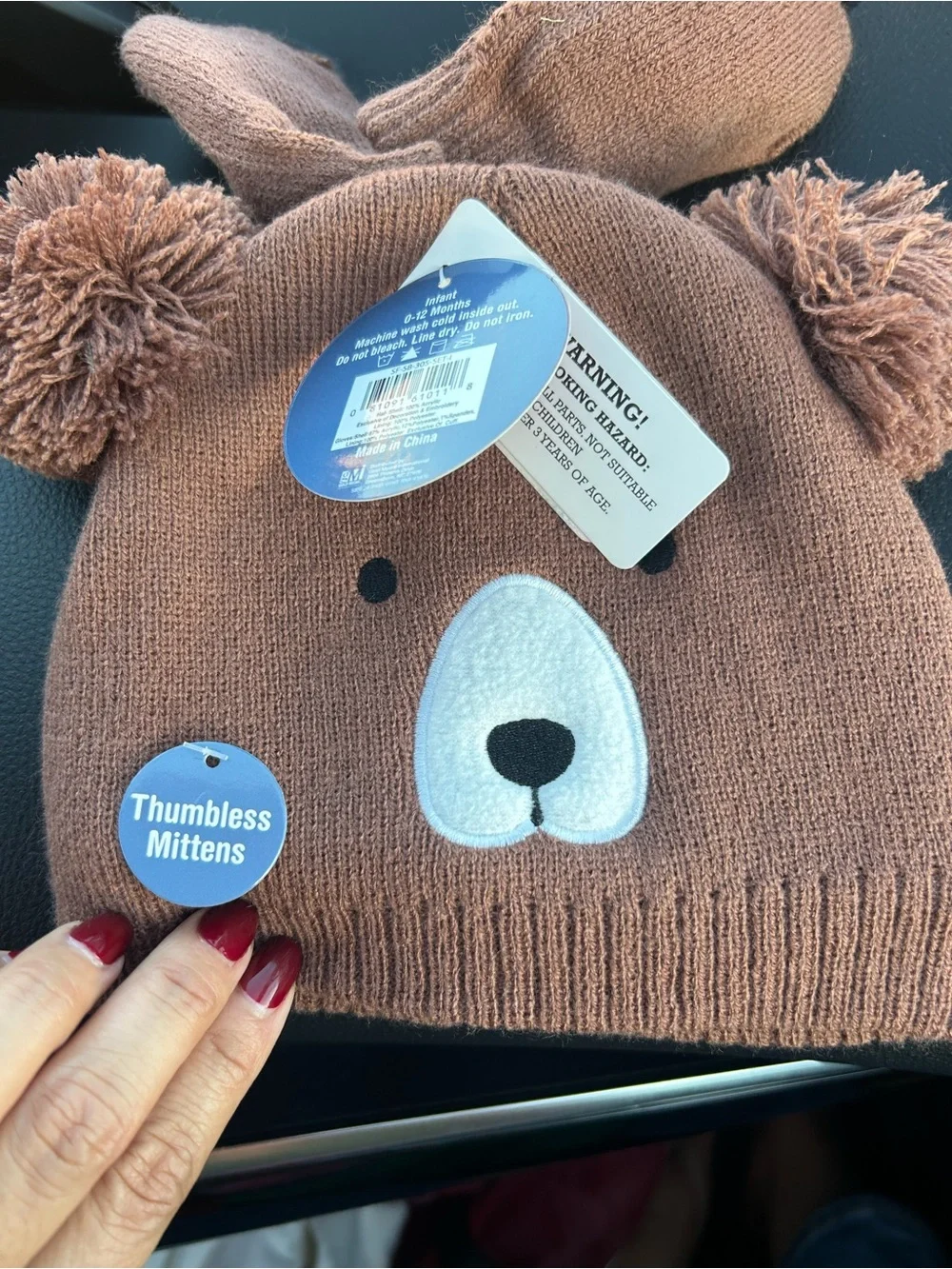 Kids Brown Bear Knit Hat with Matching Mittens